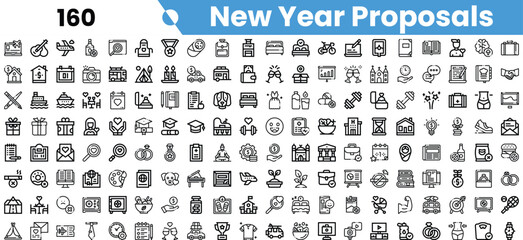 A collection of vector-style icons representing various New Year proposals and celebrations in monochrome.