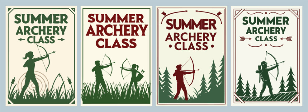 Diverse Participants in Nature: Illustrations of Summer Archery Class Poster Designs Celebrating Community and Skill