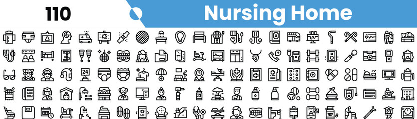A collection of diverse nursing home icons representing various services and activities for elderly care.