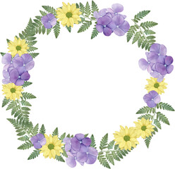 Violet and yellow flowers wreath on transparent background for wedding Invitations, cards, wall art and design