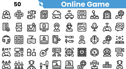 A collection of online game icons featuring gaming controllers, headsets, and more. Perfect for illustrating digital gaming concepts.