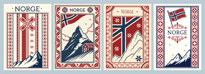 Vibrant Graphic Collection of Norway's Landscapes and Cultural Symbols Featuring Mountains Traditional Patterns and the National Flag in Striking Colorful Poster Designs