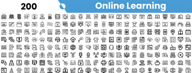 A collection of online learning icons illustrating digital education concepts, including books, computers, and educational tools.