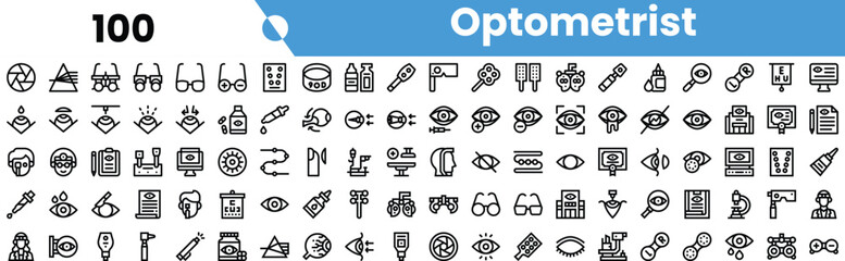 A diverse set of optometrist-related icons featuring various eye care tools and symbols, designed in a clean, minimalist style.
