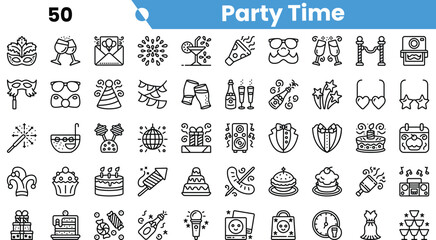 Colorful collection of party icons featuring drinks, food, and decorations, capturing a festive atmosphere suitable for celebrations.