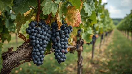 Lush vineyard with ripe purple grapes