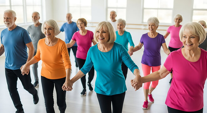Group of senior adults participating in a dance class holding hands and smiling in a bright studio