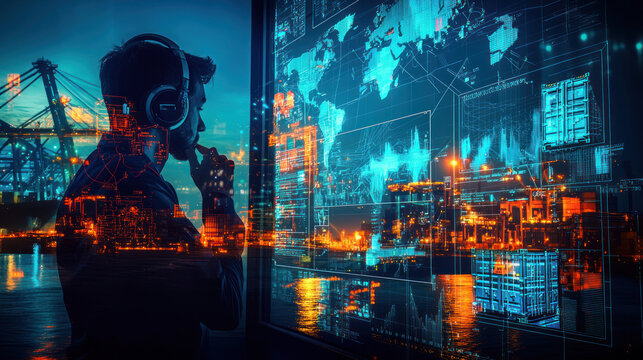 Silhouette of a person in a control room, overlooking a busy port at night, with overlaid digital data visualizations.