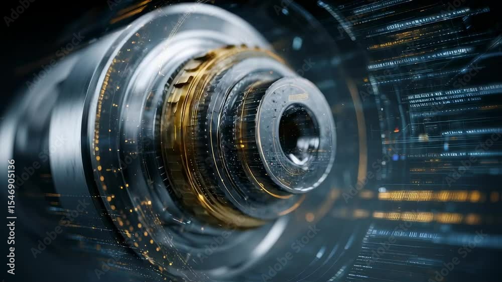 Poster complex metallic structure with golden gears rotating and generating a stream of digital information