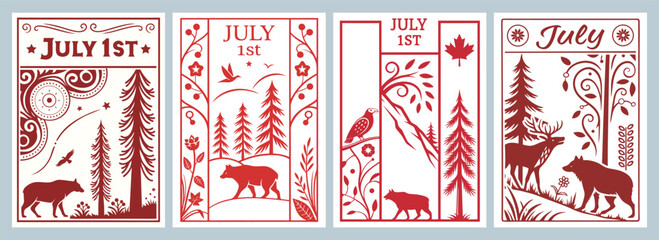 Vibrant Summer Celebrations Artistic Red and White Illustrations of Nature Trees Wildlife and Motifs for July 1st Poster Designs