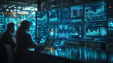 Modern Business Professionals Analyzing Real-Time Data Visualizations on Futuristic Digital Dashboards in a High-Tech Office