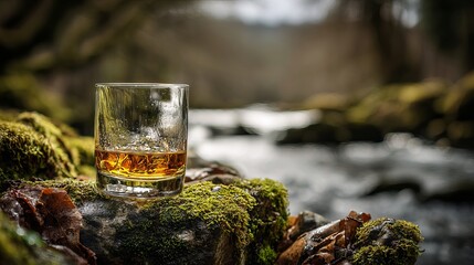 Scotch Whiskey Glass Rocks Moss Nature Outdoors Scenic Golden Hour Relaxation Drink Alcohol Beverage Premium Quality Distillery Tasting Still Life Photography bar pub fall malt    