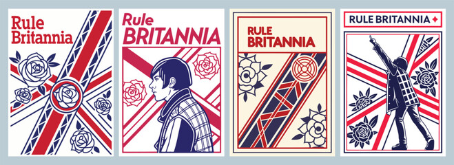 Vibrant British Motifs Celebrating Rule Britannia Bold Illustrated Posters with Roses and Modern Silhouettes in Striking Colors