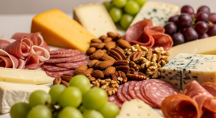 Close up of a charcuterie board with cheese grapes nuts and cured meats on a white surface