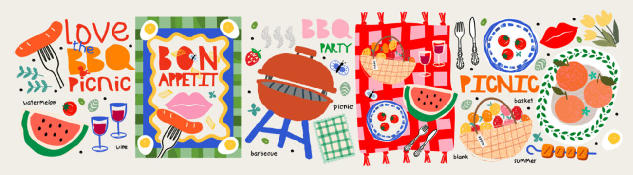 Picnic and summer barbecue party. Vector modern illustrations of BBQ in nature, checkered tablecloth on grass, sausage with fork, watermelon, basket, tomato, egg for poster postage stamp or icons