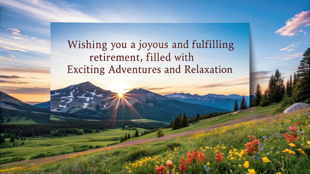 Joyful retirement message in a scenic mountain landscape - Powered by Adobe