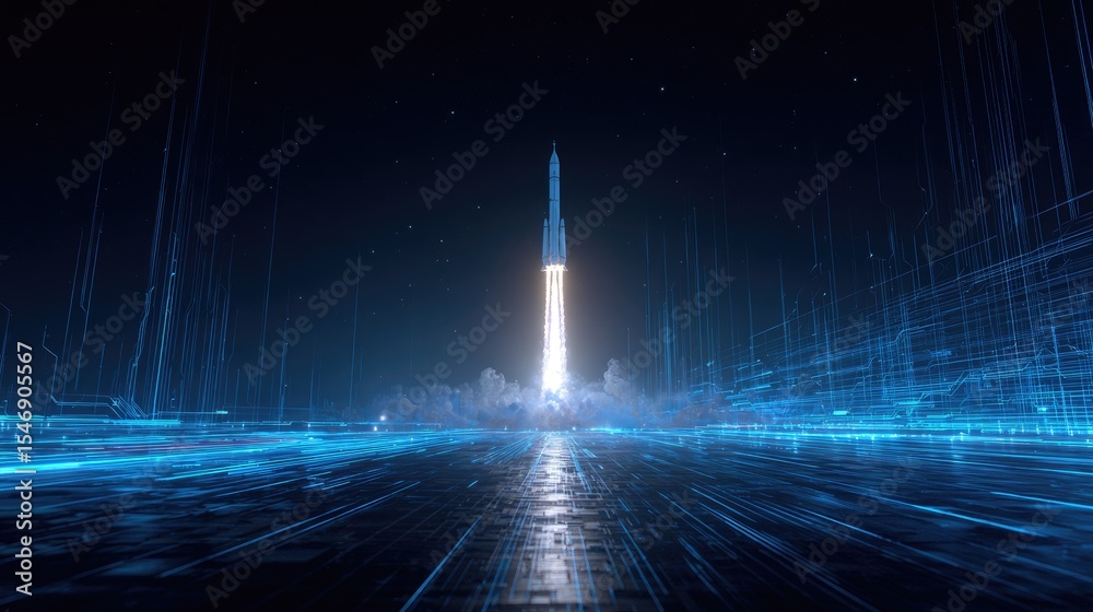 Aufkleber digital scene of high-tech rocket amid blue glowing lines and abstract space backdrop