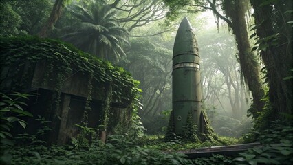 Ancient rocket covered in greenery, standing tall in a dense jungle. This scene illustrates the fusion of technology and nature in a mystical setting.