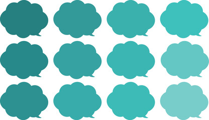 緑色の雲の形をした、モコモコの吹き出しセット。緑色のバリエーションがある、アソートカラー。ふきだしの先端は右下。