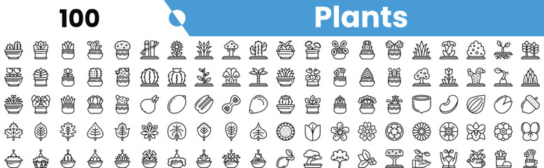 A diverse collection of plant icons in a minimalist line art style, showcasing various species in pots and natural settings.