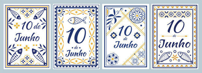 Vibrant Decorative Cards Celebrating 10 de Junho Featuring Traditional Motifs Perfect for Festive Poster Designs