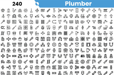 A diverse collection of plumber-related icons, showcasing tools, pipes, fixtures, and symbols relevant to plumbing.