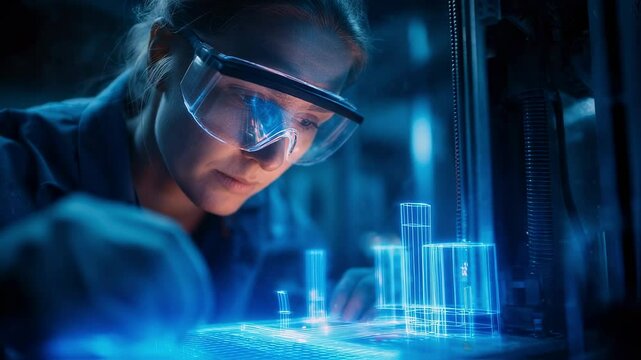 Female technician wearing safety glasses controlling a futuristic 3d printer with a hologram showing data and statistics, highlighting innovation in technology and engineering