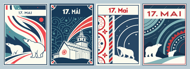 Vibrant Poster Designs Celebrating May 17th with Artistic Illustrations of Polar Bears Intricate Designs and Festive Elements in Bold Colors