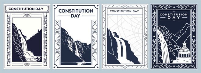 Elegant Constitution Day Posters Showcasing Modern Aesthetic with Waterfalls and Government Building in Monochromatic Color Scheme
