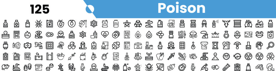 Fototapeta premium A diverse collection of black and white poison-related icons, showcasing various symbols such as bottles, toxic symbols, and hazardous materials.