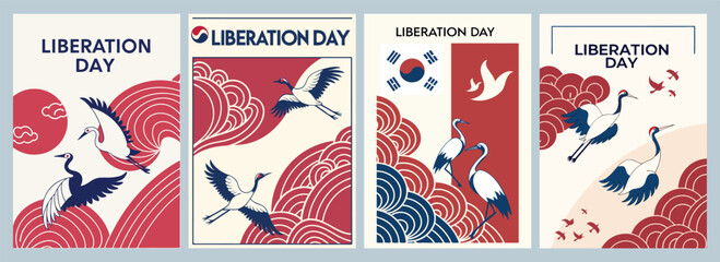 Celebrating Liberation Day with Creative Poster Designs Featuring Stylized Cranes Waves and the South Korean Flag in Elegant Red and Blue Hues