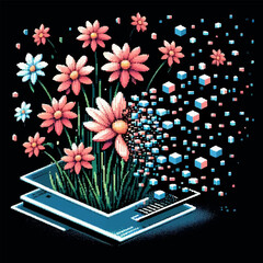 Flowers that reproduce themselves from primitive cubic shapes in virtual space. Pixel art. Computer 8-bit graphics. Black isolated background. Vector illustration. EPS.