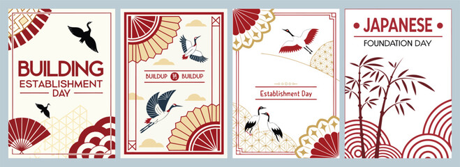 Elegant Graphic Designs Celebrating Japanese Foundation Day with Cranes Traditional Patterns and Harmonious Red and Cream Color Palette Poster Collection