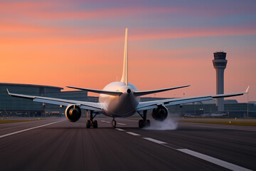 Majestic Airplane Landing at Sunset A Breathtaking View of Air Travel