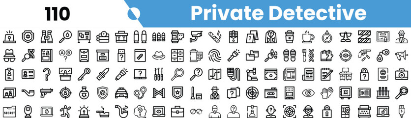 A collection of various icons representing elements of private investigation, including magnifying glasses, files, and gadgets.