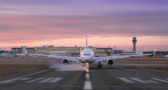 Airplane Landing at Airport Runway Dusk Flight Arrival Scene