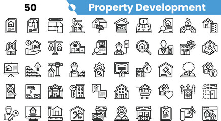 A collection of property development icons, showcasing various elements like houses, tools, and financial considerations in a minimalist style.