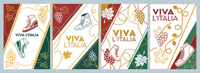 Vibrant Italian-Themed Poster Designs Celebrating Sneakers Grapes and Foliage in Bold Colors and Playful Illustrations of Italy's Essence