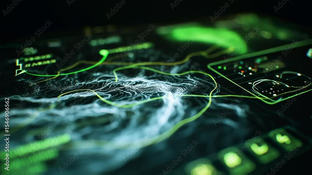 Poster futuristic topographic map interface displaying complex data analysis with glowing lines and symbols