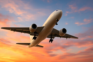 Fototapeta premium Airplane in Flight Sunset Views and Air Travel Adventures