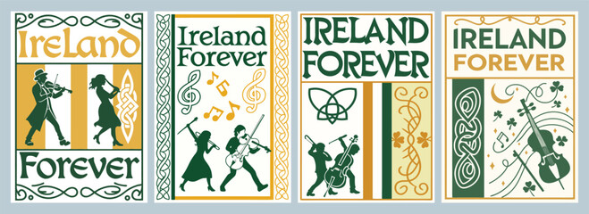 Celebrating Irish Heritage Through Artistic Illustrations in Green and Gold Featuring Musicians and Traditional Motifs in Impactful Poster Designs