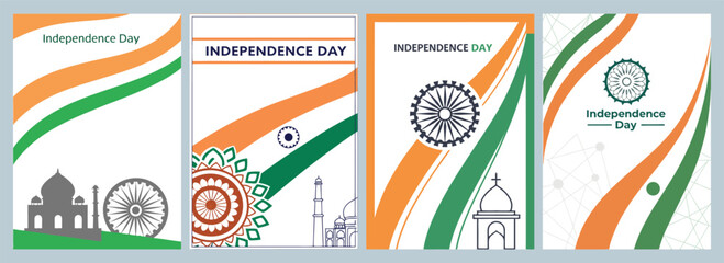 Vibrant Independence Day Poster Designs Showcasing Colorful Festive Symbols in Orange and Green Perfect for Celebratory Events