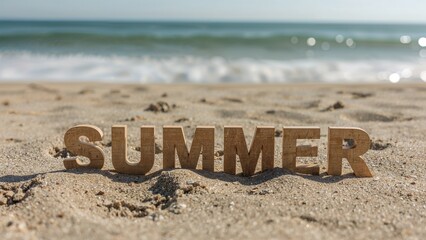 Summer wooden letters on sandy beach