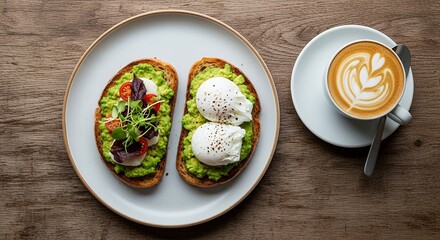 Avocado Toast with Poached Eggs and Coffee on Wooden Table
