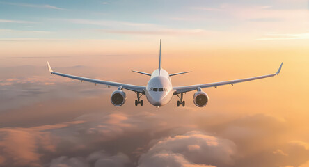 Obraz premium Airplane Flight Above Clouds at Sunset Aerial View of Air Travel