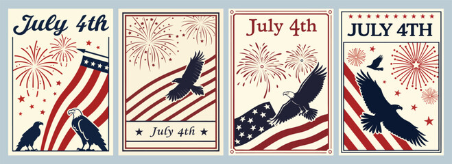 Vibrant July 4th Artistic Poster Celebrating American Spirit with Iconic Symbols Flag and Bald Eagles Against Dazzling Fireworks