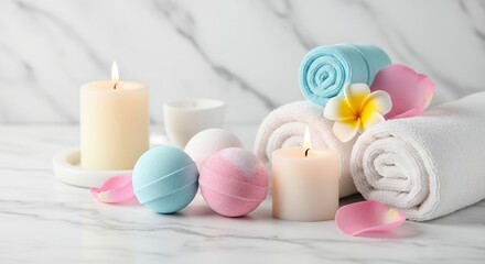 Spa Still Life with Bath Bombs, Candles, and Towels on Marble
