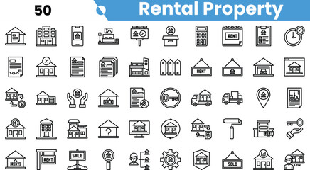 An array of rental property icons in black and white, featuring houses, documents, and rental signs, representing the real estate market.