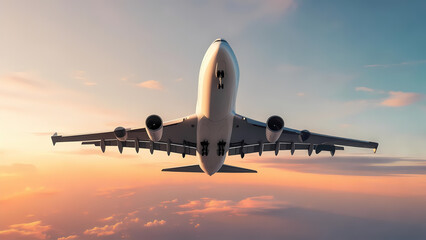 Fototapeta premium Airplane Taking Off at Sunset A Stunning Aerial View of Air Travel
