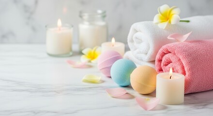 Relaxing Spa Setup with Bath Bombs, Towels, and Candles on Marble
